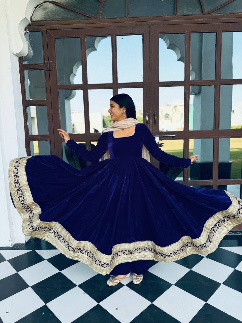 Luxury Blue Color Designer Embroidered Velvet Anarkali Gown Set  Vastra  Shop