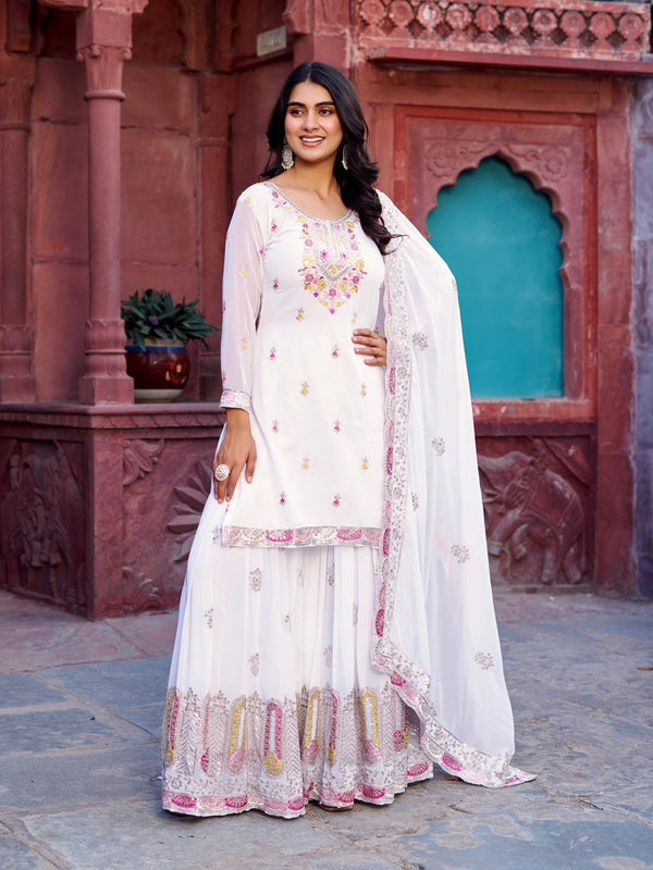 Festive Wear White Color Faux Georgette And Thread With Sequence Work Sharara Suit