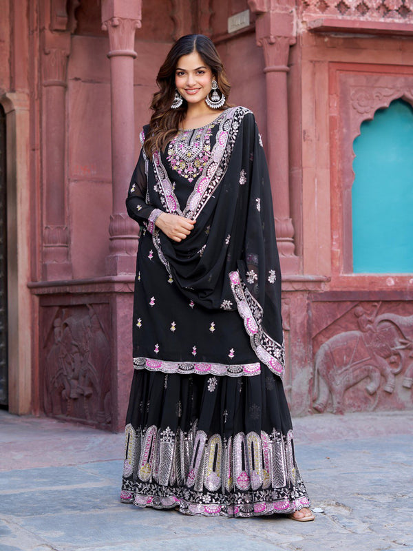 Festive Wear Black Color Faux Georgette And Thread With Sequence Work Sharara Suit