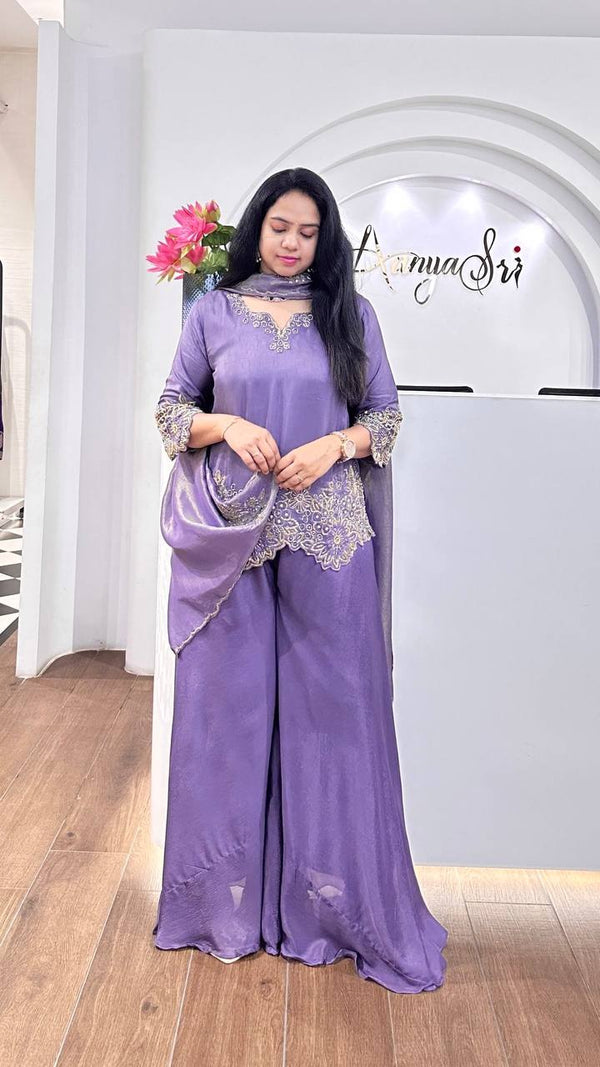 Engagement Wear Purple Color Pure Chinon Silk With Heavy Embroidery Coding Dori Sequence Work