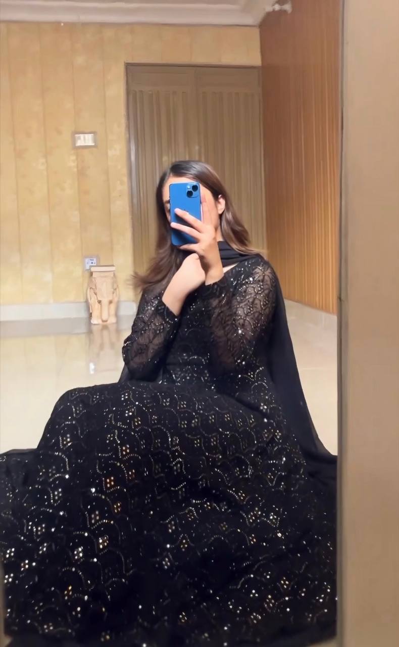 Party Wear Black Color Faux Blooming Sequins And Thread Embroidered Work Anarkali Suit