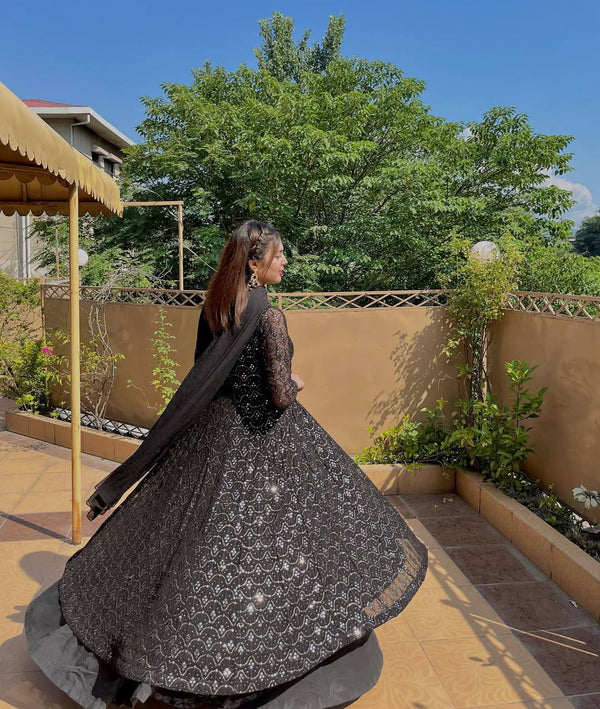 Party Wear Black Color Faux Blooming Sequins And Thread Embroidered Work Anarkali Suit