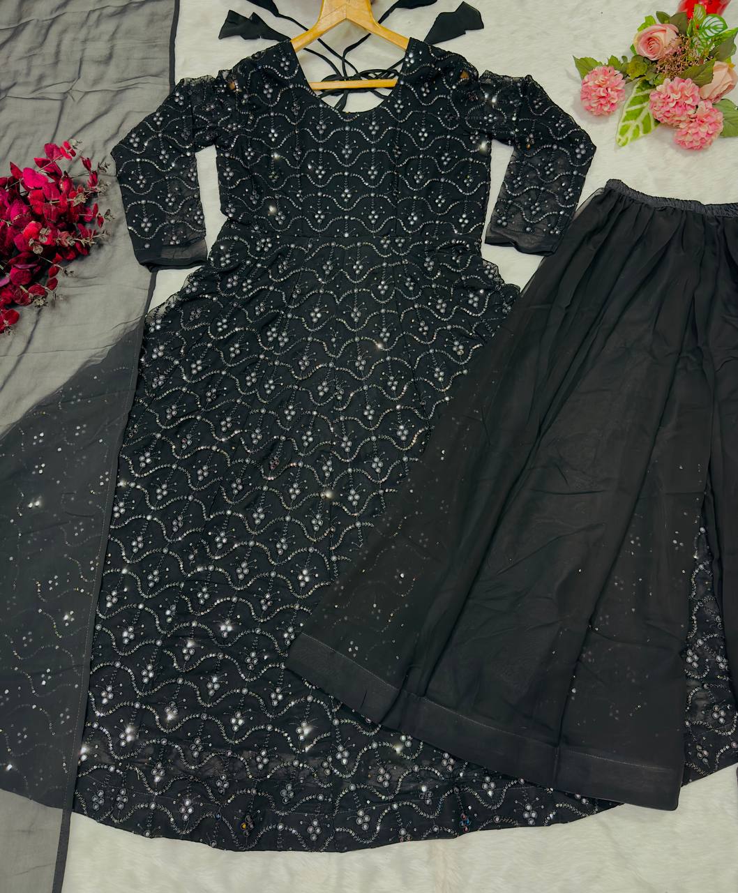 Party Wear Black Color Faux Blooming Sequins And Thread Embroidered Work Anarkali Suit