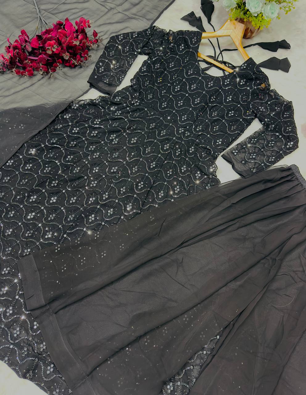 Party Wear Black Color Faux Blooming Sequins And Thread Embroidered Work Anarkali Suit