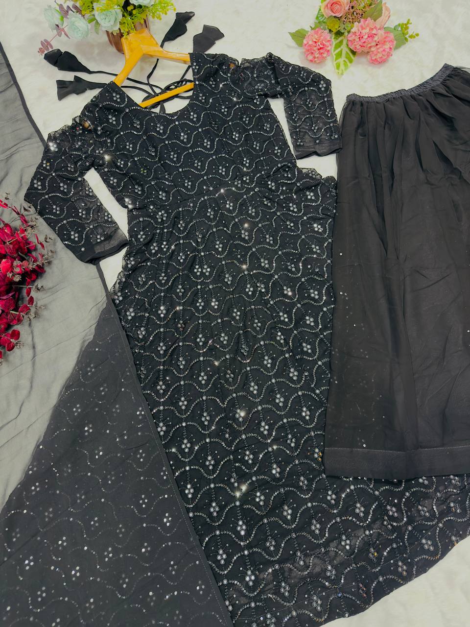 Party Wear Black Color Faux Blooming Sequins And Thread Embroidered Work Anarkali Suit
