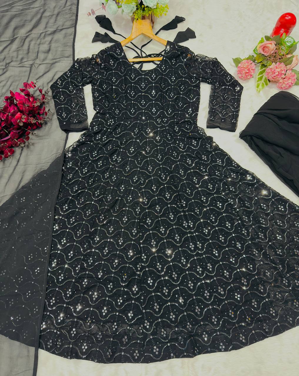 Party Wear Black Color Faux Blooming Sequins And Thread Embroidered Work Anarkali Suit