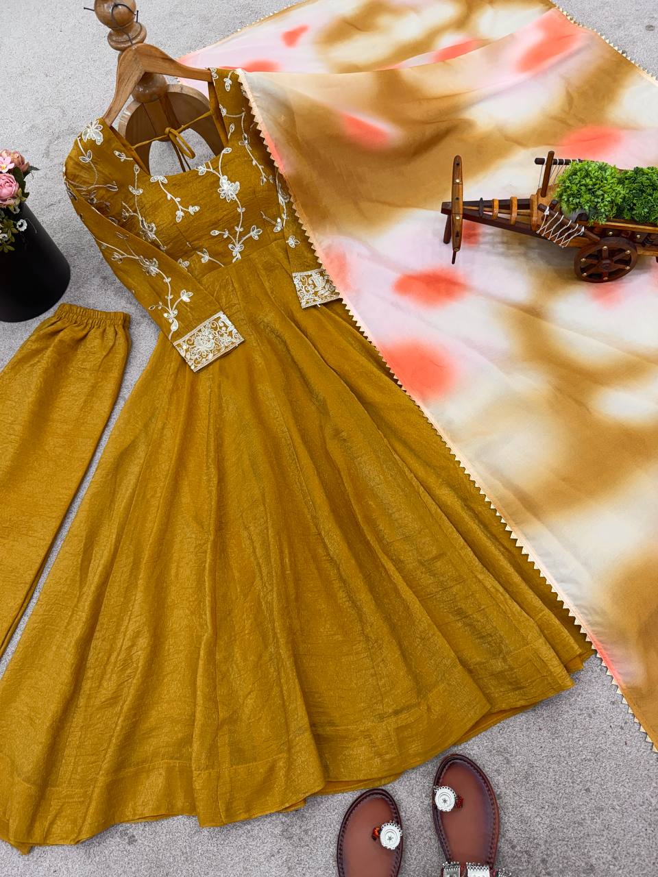 mustard yellow dress for haldi Haldi Wear Mustard Color Heavy Crunchy Silk Embroidered Gown – Vastra Shop