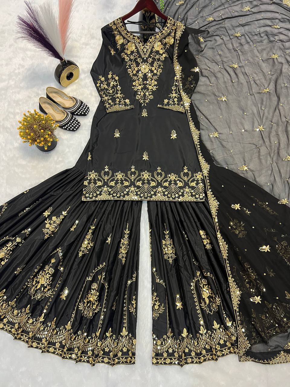Party Wear Black Color Heavy Natural Crepe With Heavy 5mm Embroidery Sequence Work