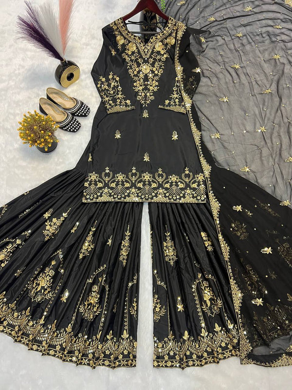 Party Wear Black Color Heavy Natural Crepe With Heavy 5mm Embroidery Sequence Work