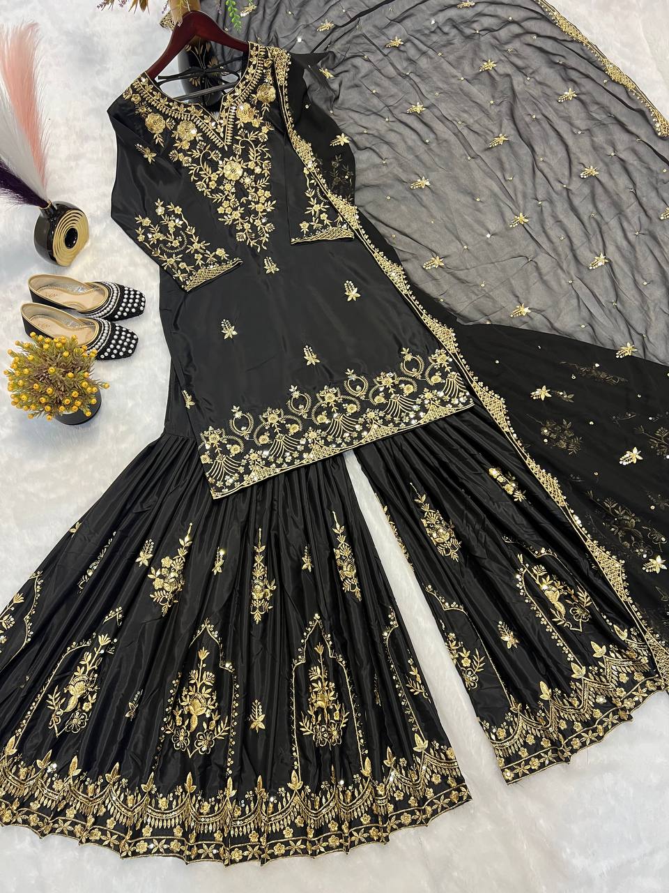 Party Wear Black Color Heavy Natural Crepe With Heavy 5mm Embroidery Sequence Work
