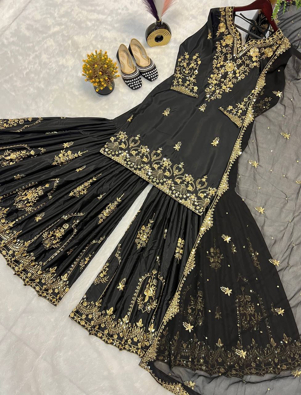 Party Wear Black Color Heavy Natural Crepe With Heavy 5mm Embroidery Sequence Work