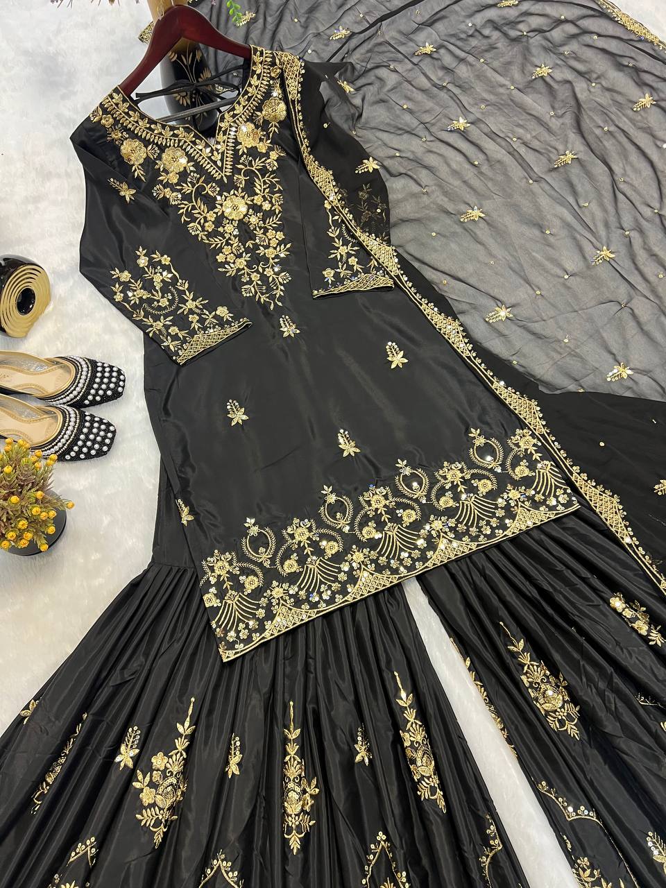 Party Wear Black Color Heavy Natural Crepe With Heavy 5mm Embroidery Sequence Work