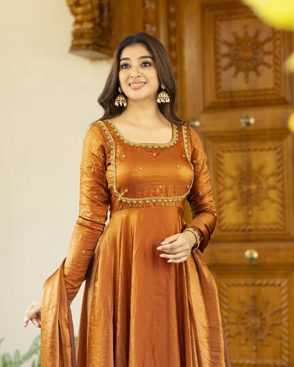Wedding Wear Golden Color Fendi Silk Thread And Sequence Designer Gown