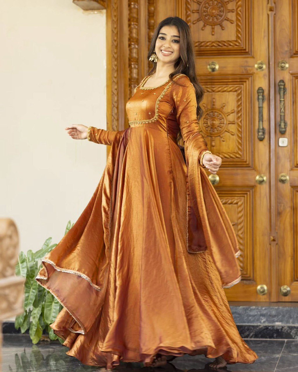 Wedding Wear Golden Color Fendi Silk Thread And Sequence Designer Gown