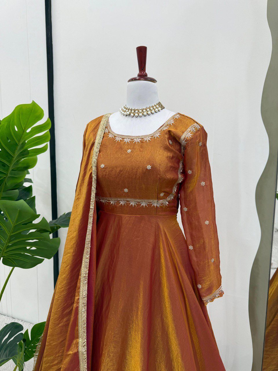 Wedding Wear Golden Color Fendi Silk Thread And Sequence Designer Gown