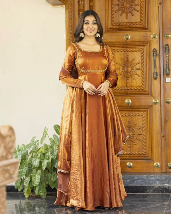 Wedding Wear Golden Color Fendi Silk Thread And Sequence Designer Gown