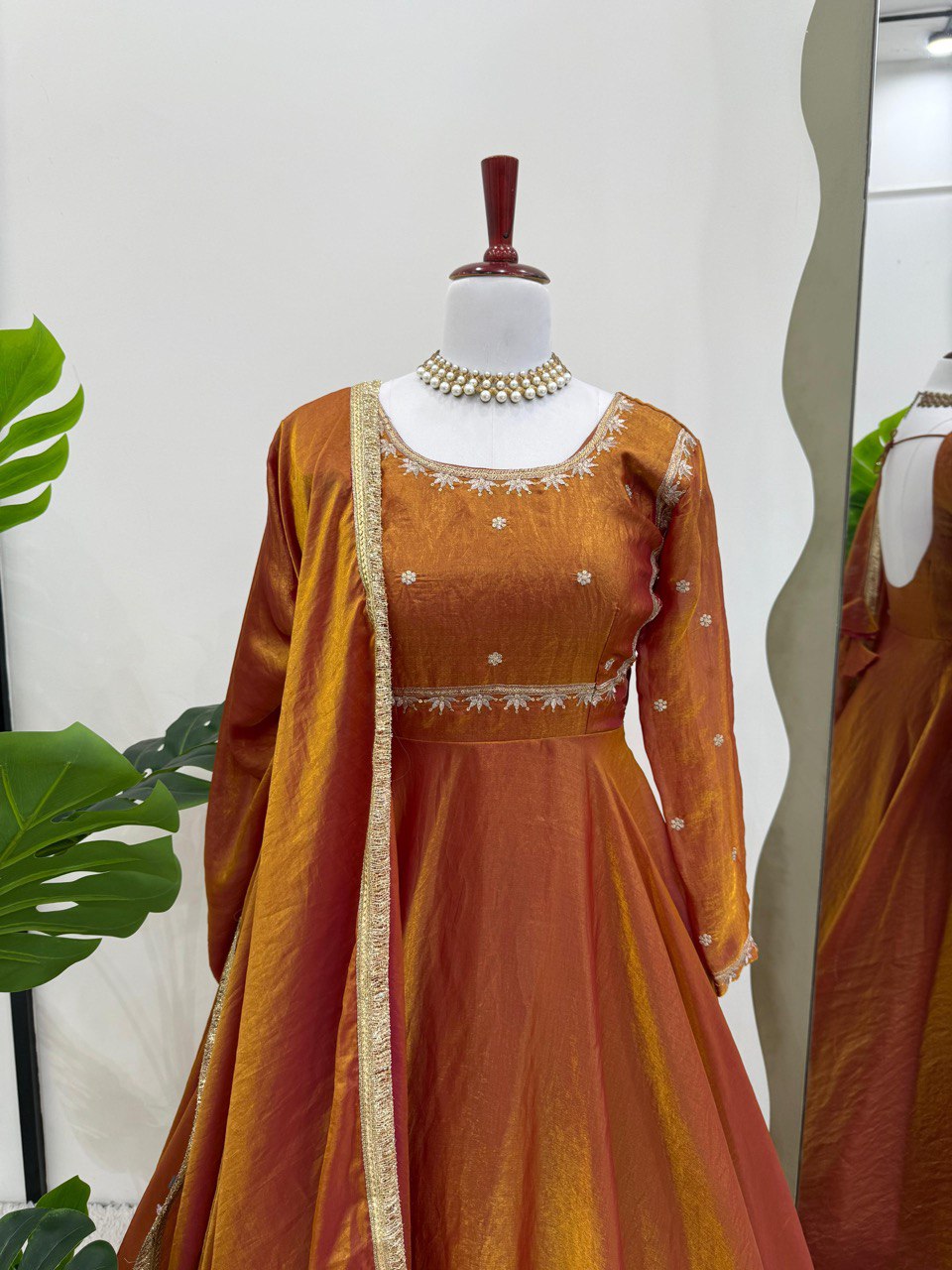 Wedding Wear Golden Color Fendi Silk Thread And Sequence Designer Gown