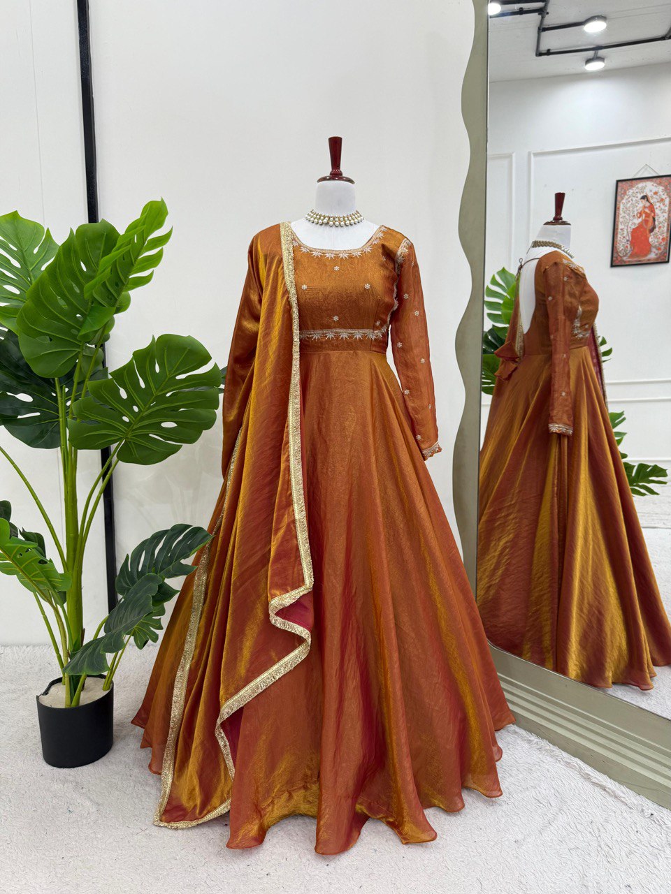 Wedding Wear Golden Color Fendi Silk Thread And Sequence Designer Gown