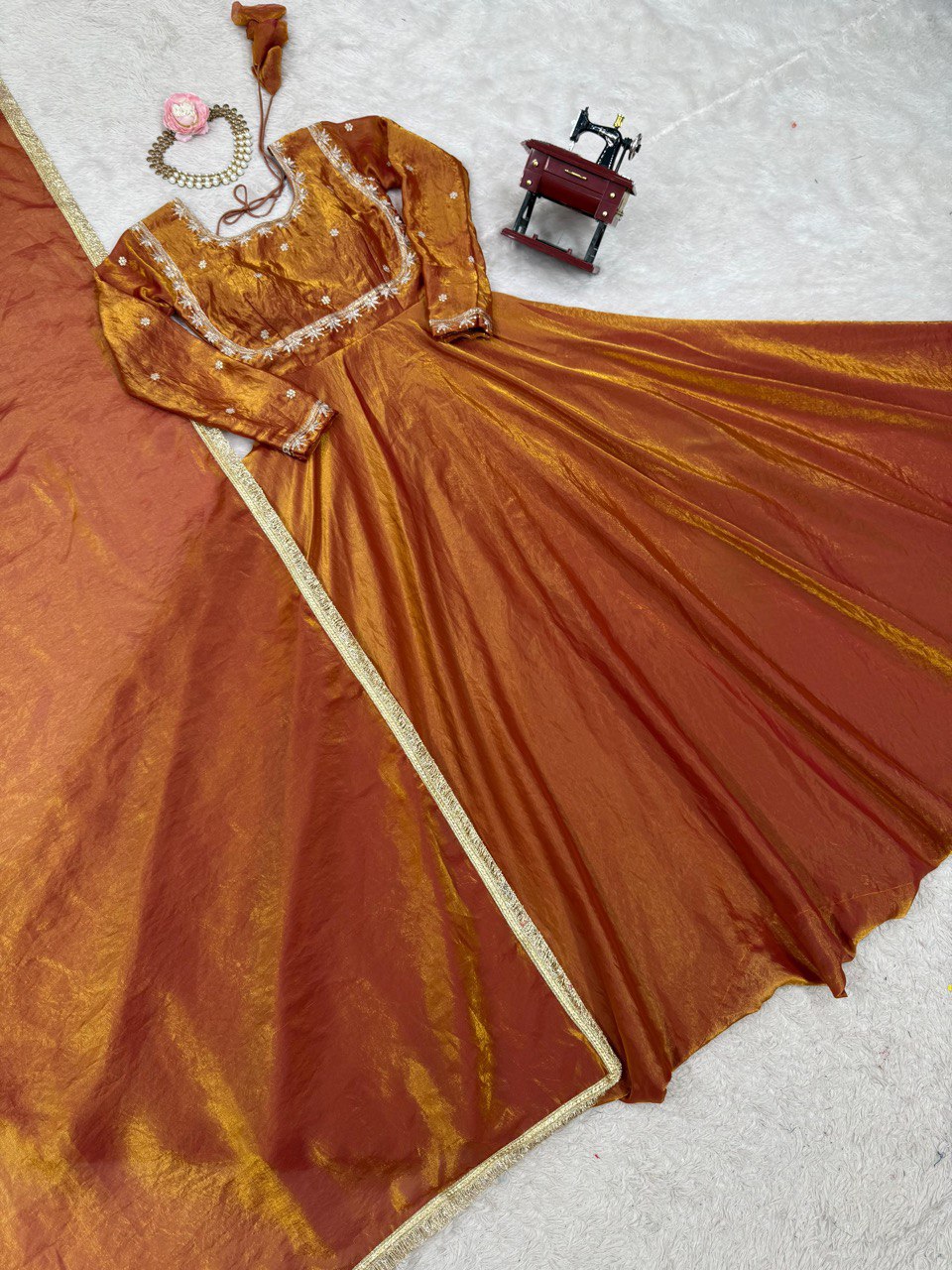 Wedding Wear Golden Color Fendi Silk Thread And Sequence Designer Gown