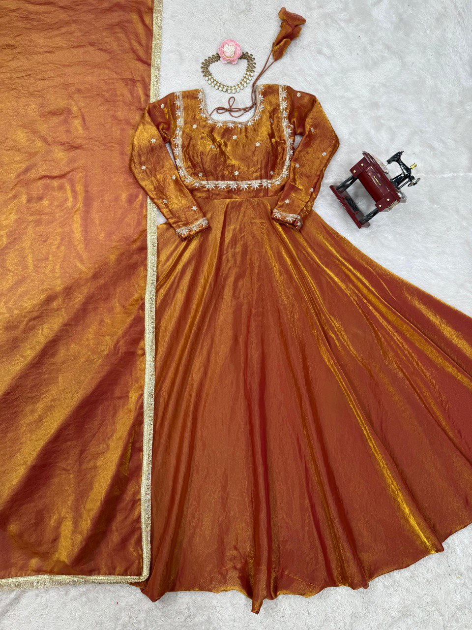Wedding Wear Golden Color Fendi Silk Thread And Sequence Designer Gown