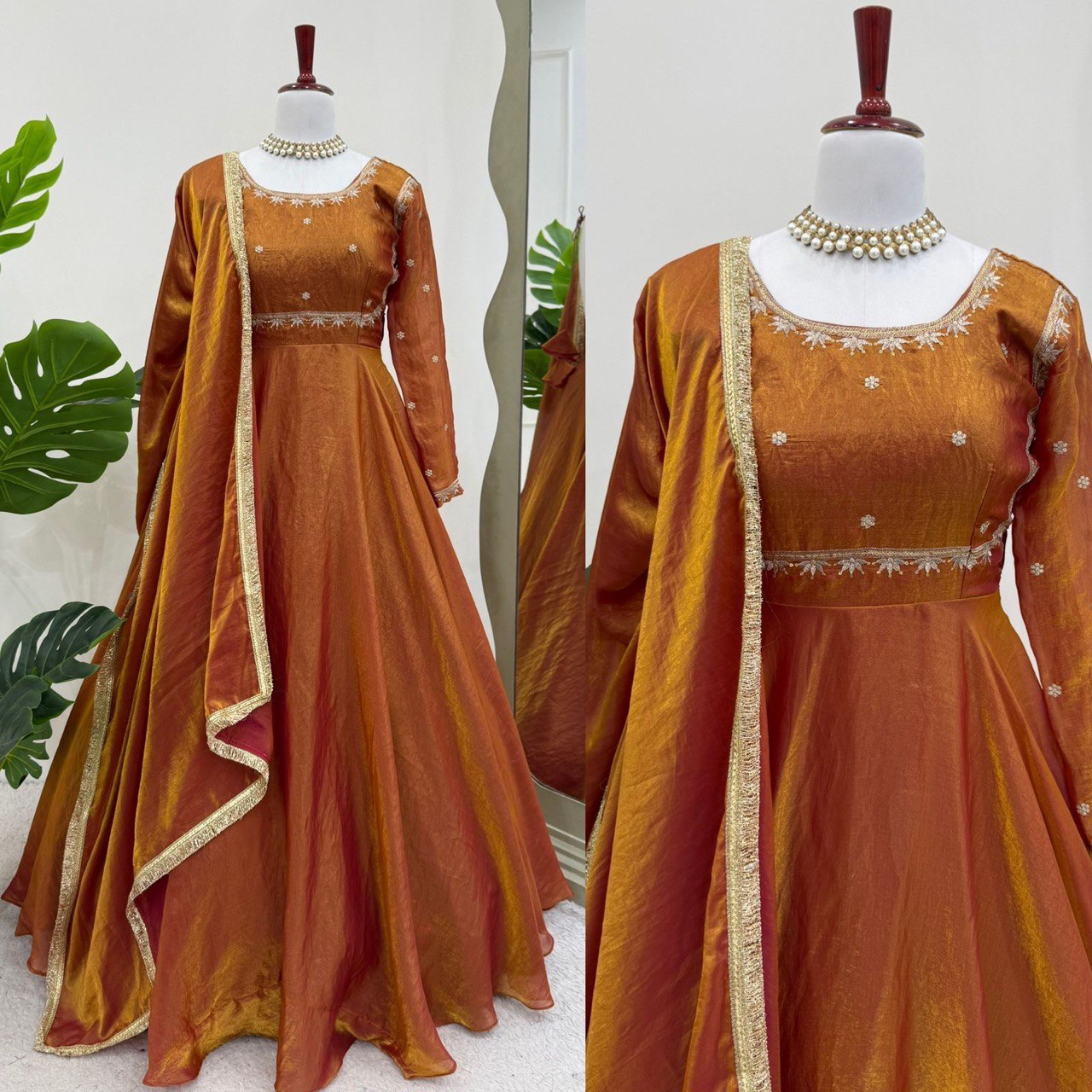 Wedding Wear Golden Color Fendi Silk Thread And Sequence Designer Gown