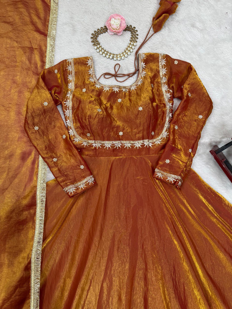 Wedding Wear Golden Color Fendi Silk Thread And Sequence Designer Gown