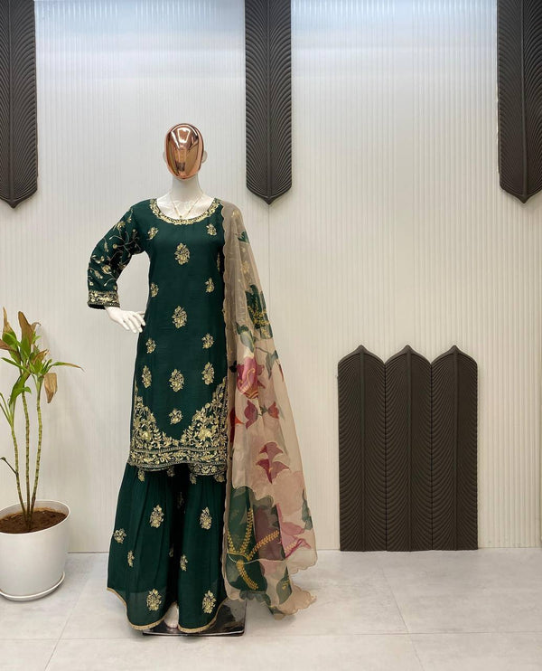 Wedding Wear Green Color Chinon And Sequence Embroidery Work Sharara Suit