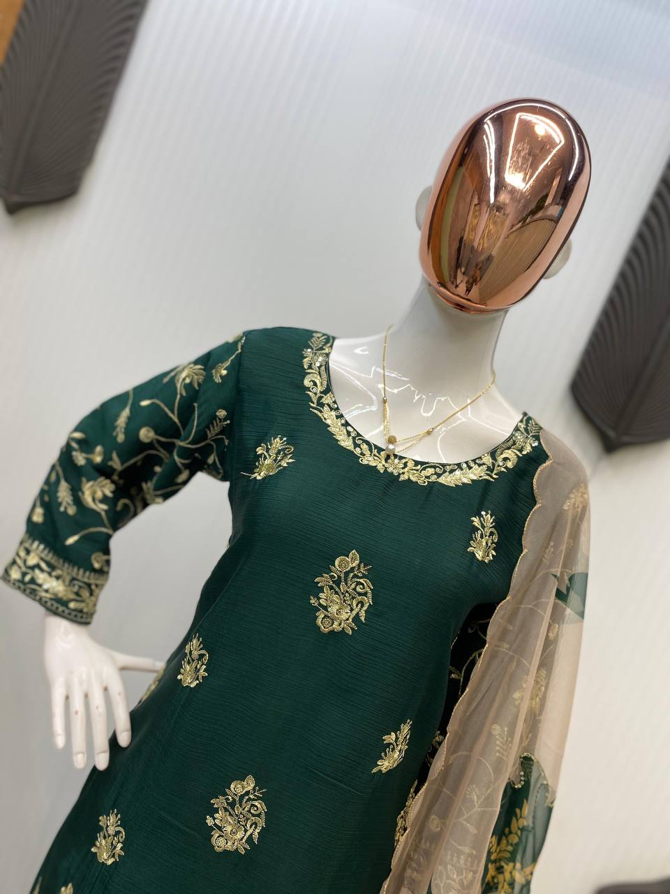 Wedding Wear Green Color Chinon And Sequence Embroidery Work Sharara Suit