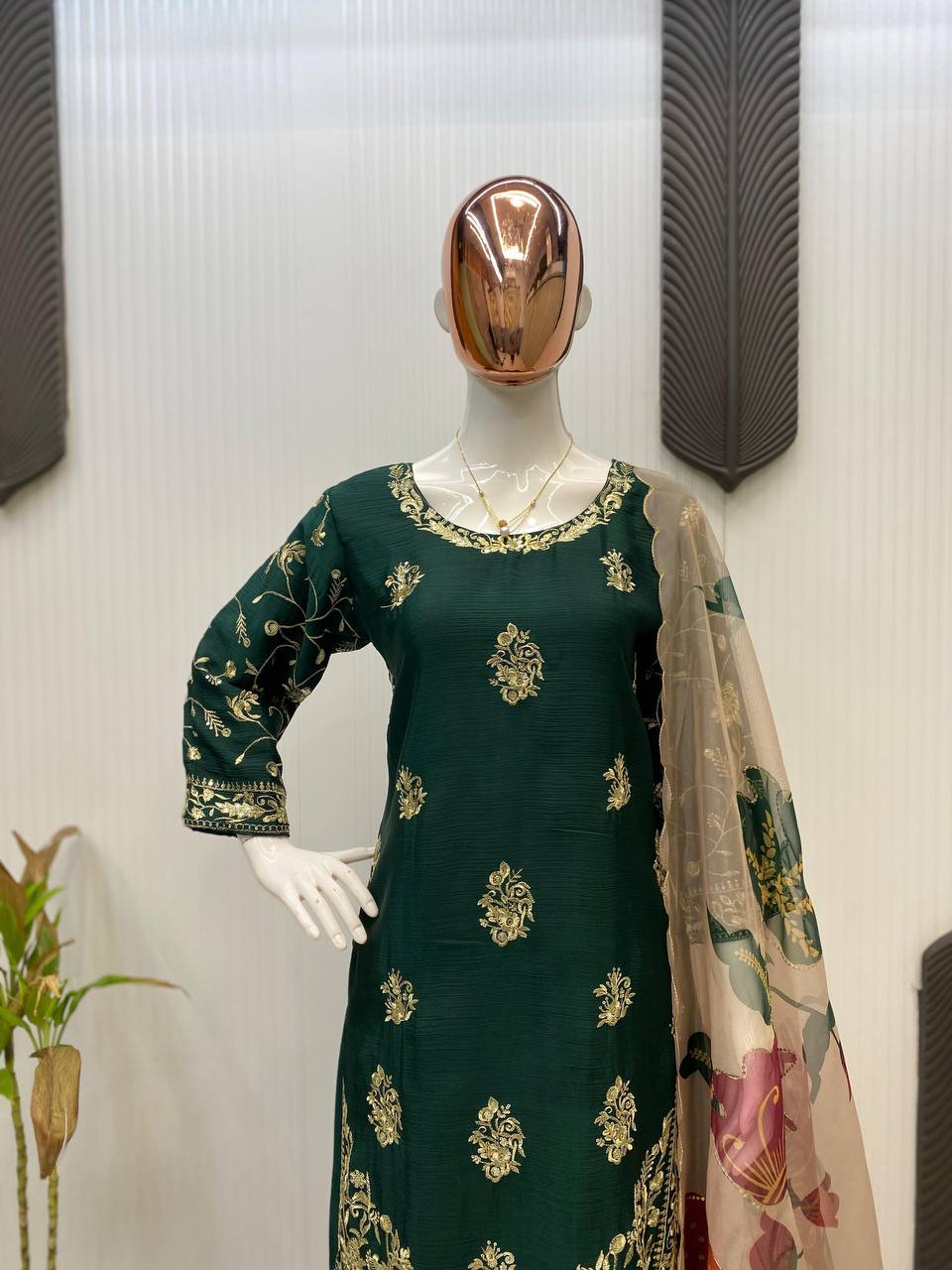 Wedding Wear Green Color Chinon And Sequence Embroidery Work Sharara Suit