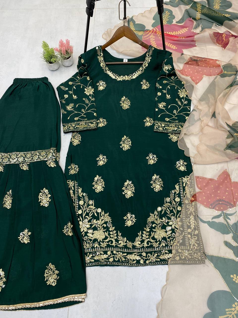 Wedding Wear Green Color Chinon And Sequence Embroidery Work Sharara Suit