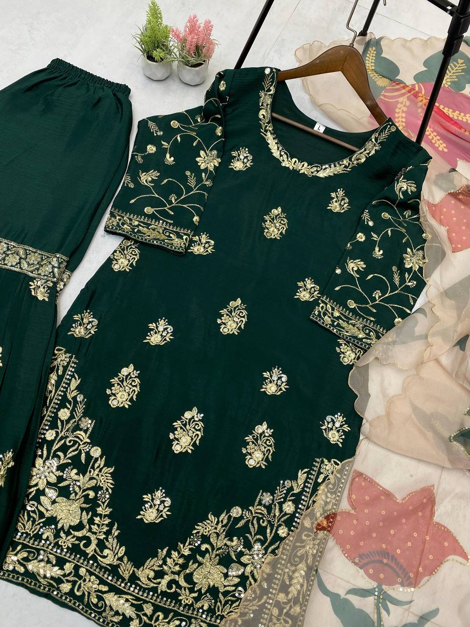 Wedding Wear Green Color Chinon And Sequence Embroidery Work Sharara Suit