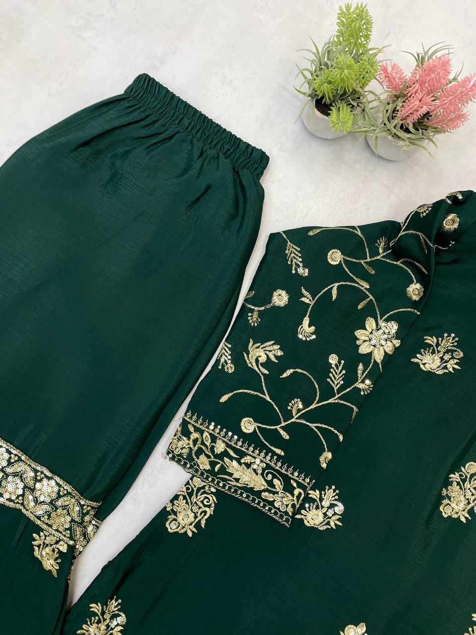 Wedding Wear Green Color Chinon And Sequence Embroidery Work Sharara Suit