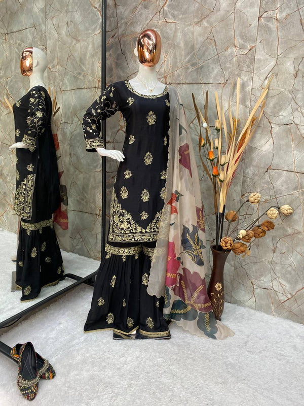Wedding Wear Black Color Chinon And Sequence Embroidery Work Sharara Suit