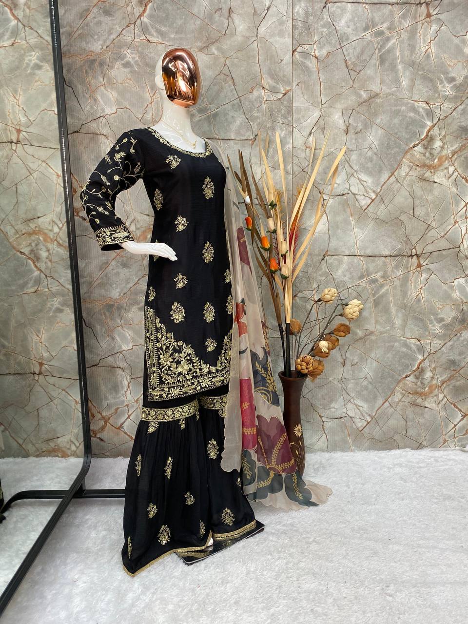 Wedding Wear Black Color Chinon And Sequence Embroidery Work Sharara Suit