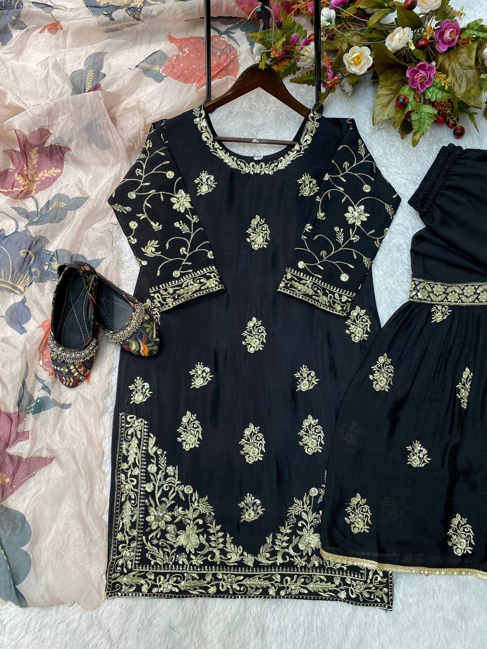 Wedding Wear Black Color Chinon And Sequence Embroidery Work Sharara Suit