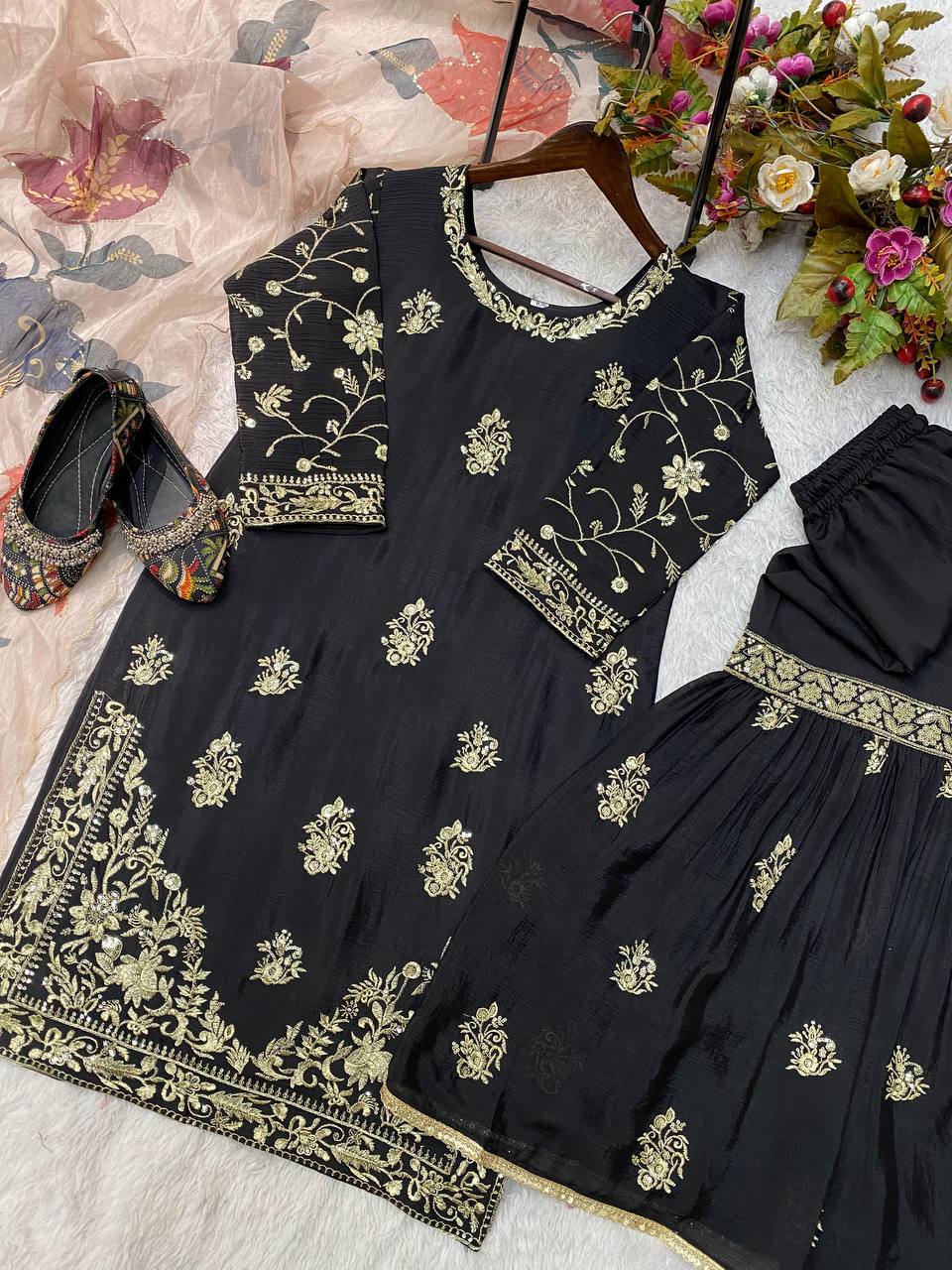Wedding Wear Black Color Chinon And Sequence Embroidery Work Sharara Suit