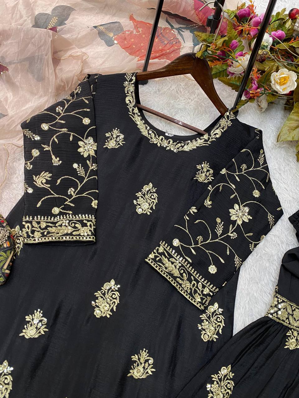Wedding Wear Black Color Chinon And Sequence Embroidery Work Sharara Suit