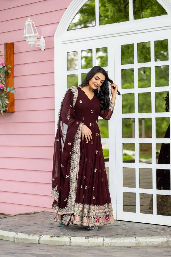 Party Wear Brown Color Faux Georgette With Full Heavy Embroidery Sequence Work Gown