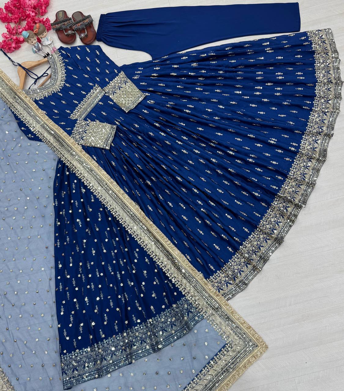 Alluring Blue Color Heavy Pure Chinon Silk With Embroidery Sequence Work Gown