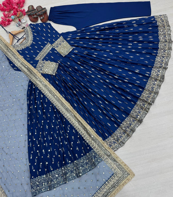 Alluring Blue Color Heavy Pure Chinon Silk With Embroidery Sequence Work Gown