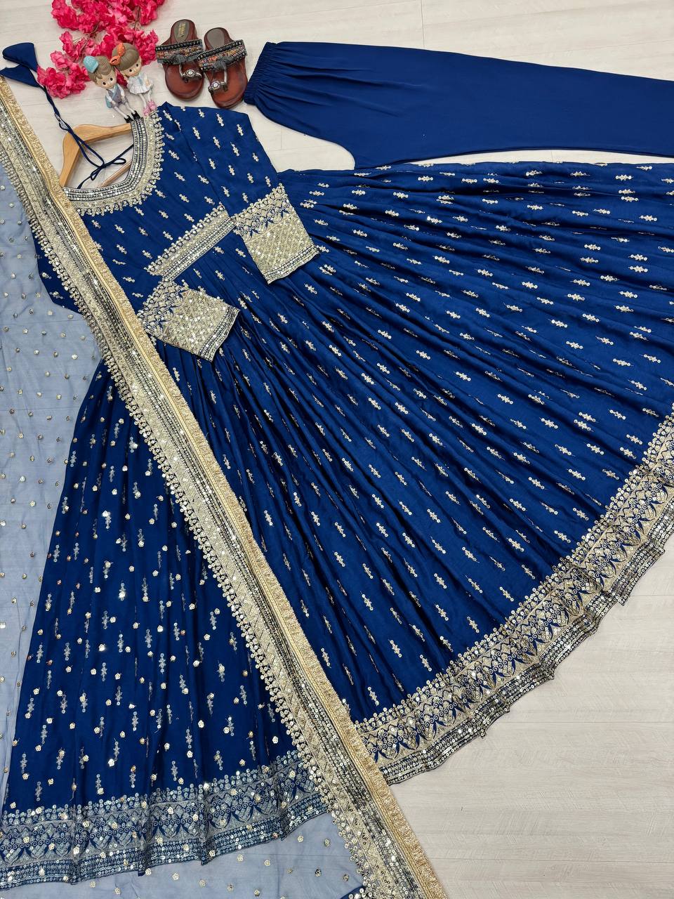 Alluring Blue Color Heavy Pure Chinon Silk With Embroidery Sequence Work Gown