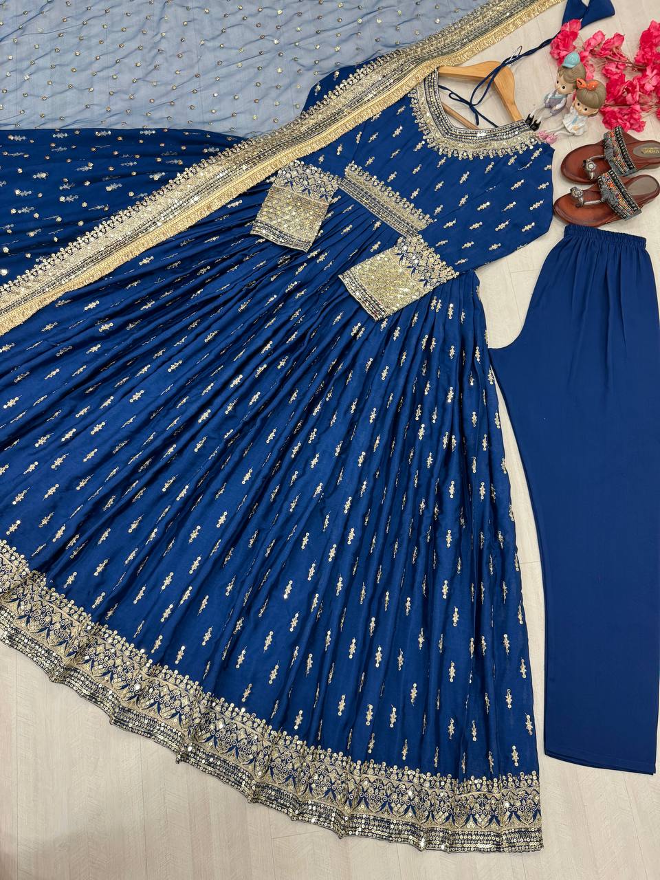 Alluring Blue Color Heavy Pure Chinon Silk With Embroidery Sequence Work Gown