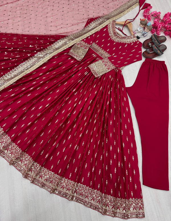 Trendy Maroon Color Heavy Pure Chinon Silk With Embroidery Sequence Work Gown