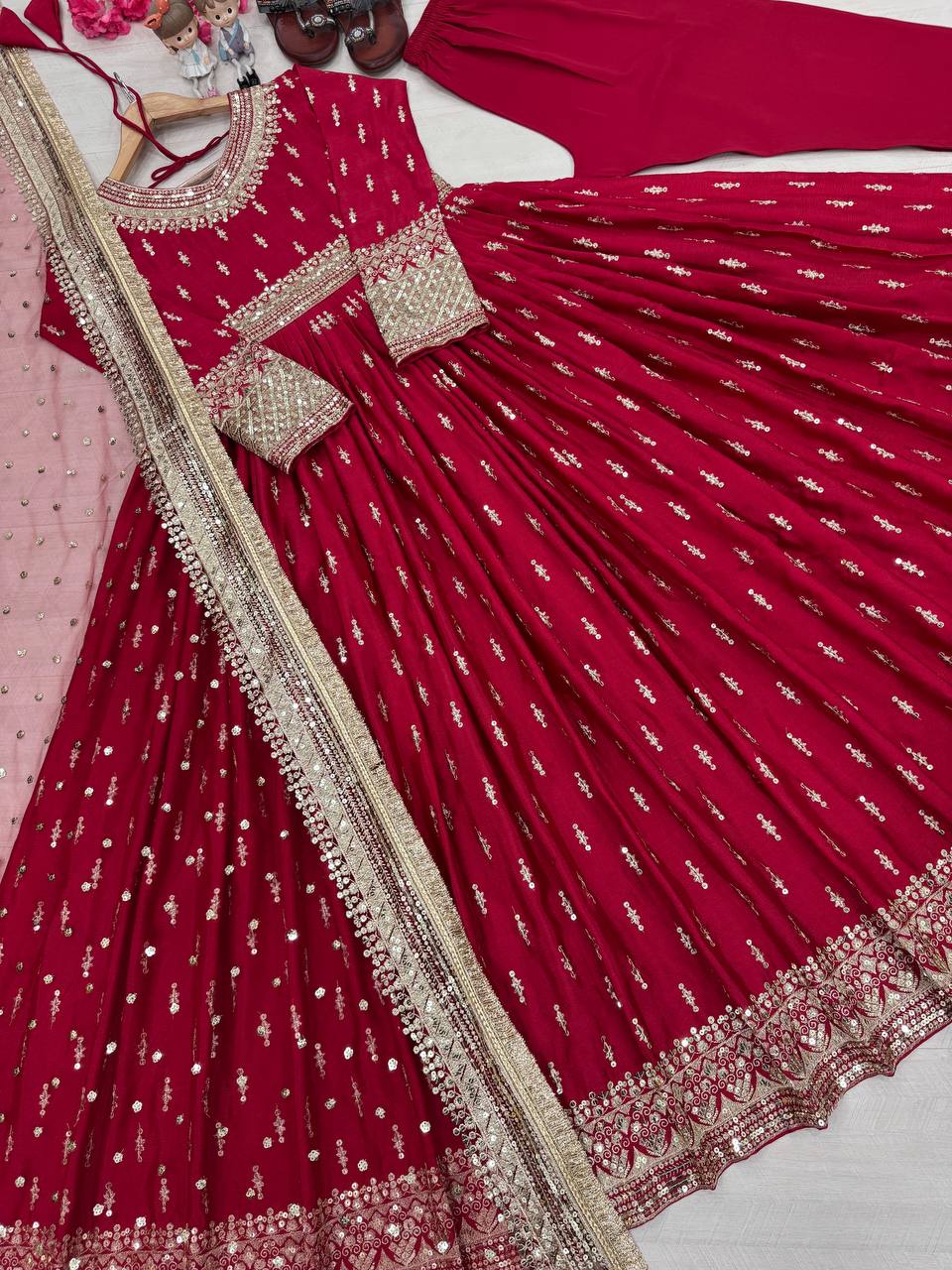 Trendy Maroon Color Heavy Pure Chinon Silk With Embroidery Sequence Work Gown