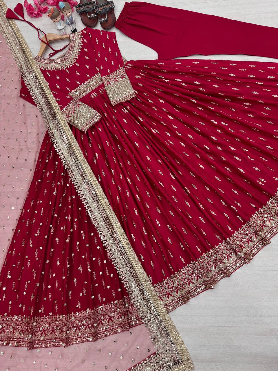 Trendy Maroon Color Heavy Pure Chinon Silk With Embroidery Sequence Work Gown
