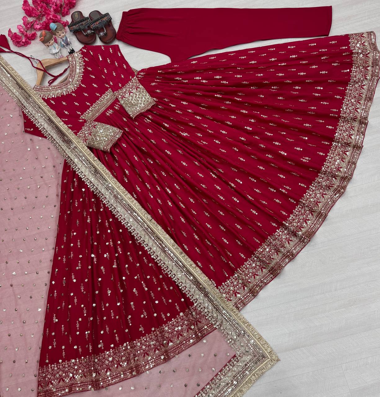 Trendy Maroon Color Heavy Pure Chinon Silk With Embroidery Sequence Work Gown