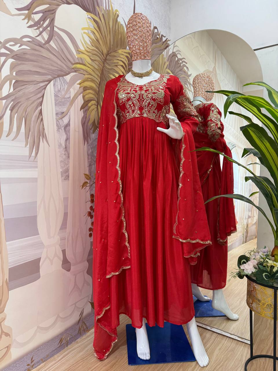 Function Wear Red Color Fully Embroidery Work On Neck Designer Gown