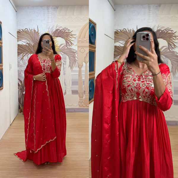 Function Wear Red Color Fully Embroidery Work On Neck Designer Gown