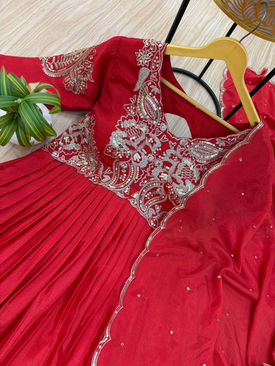 Function Wear Red Color Fully Embroidery Work On Neck Designer Gown