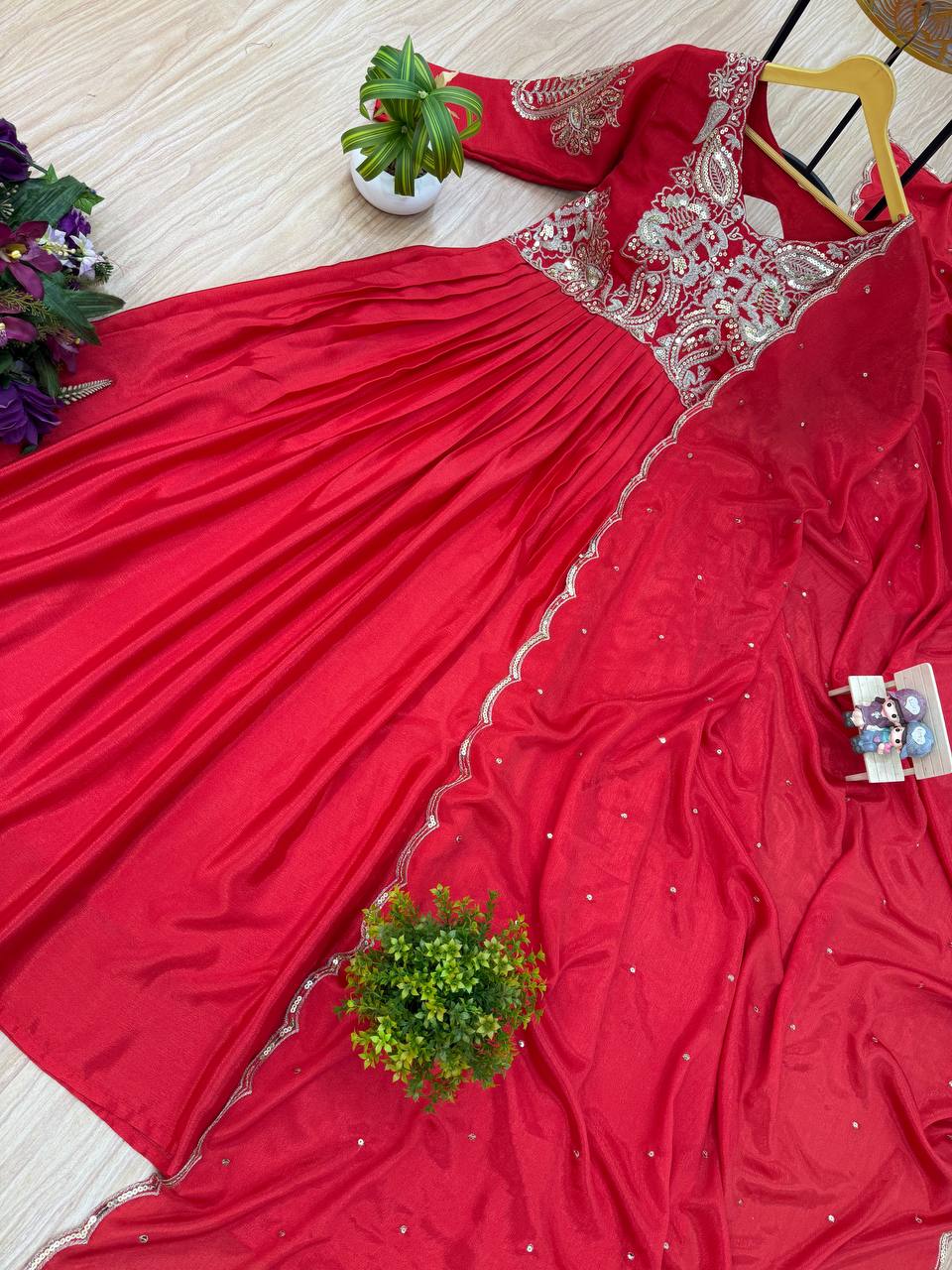 Function Wear Red Color Fully Embroidery Work On Neck Designer Gown